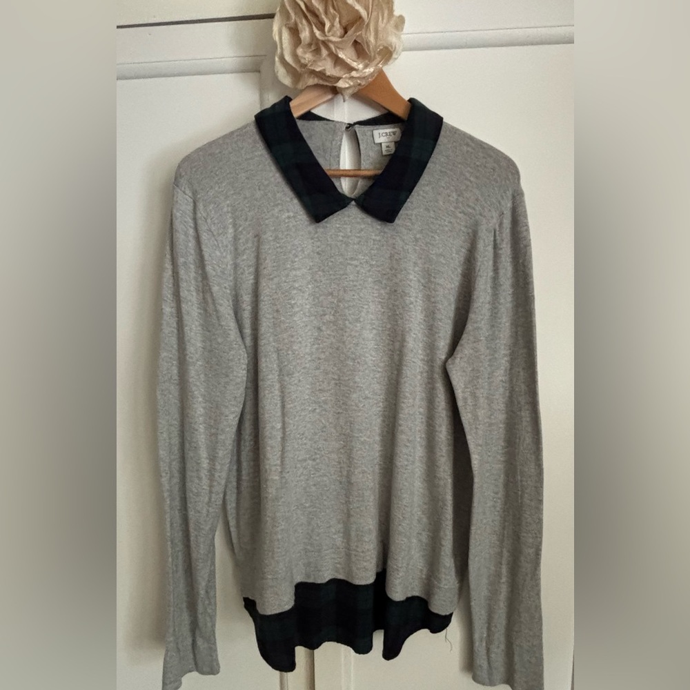 J. Crew Gray Knit Top with Contrasting Black Watch Plaid Collar and Hem.